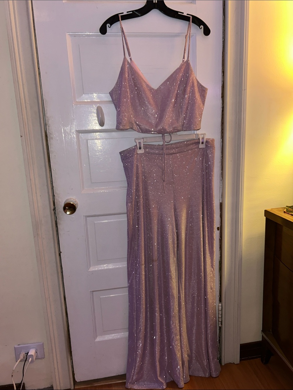 Sparkling Pink Two-Piece Pant Set - V-Neck Crop Top & Flowing pant
